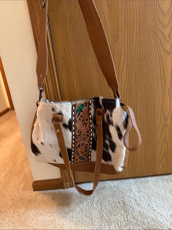 Myra Bag Handbags - Myra Bag Leather Accent Cowhide Crossbody Bag in Brown and Black